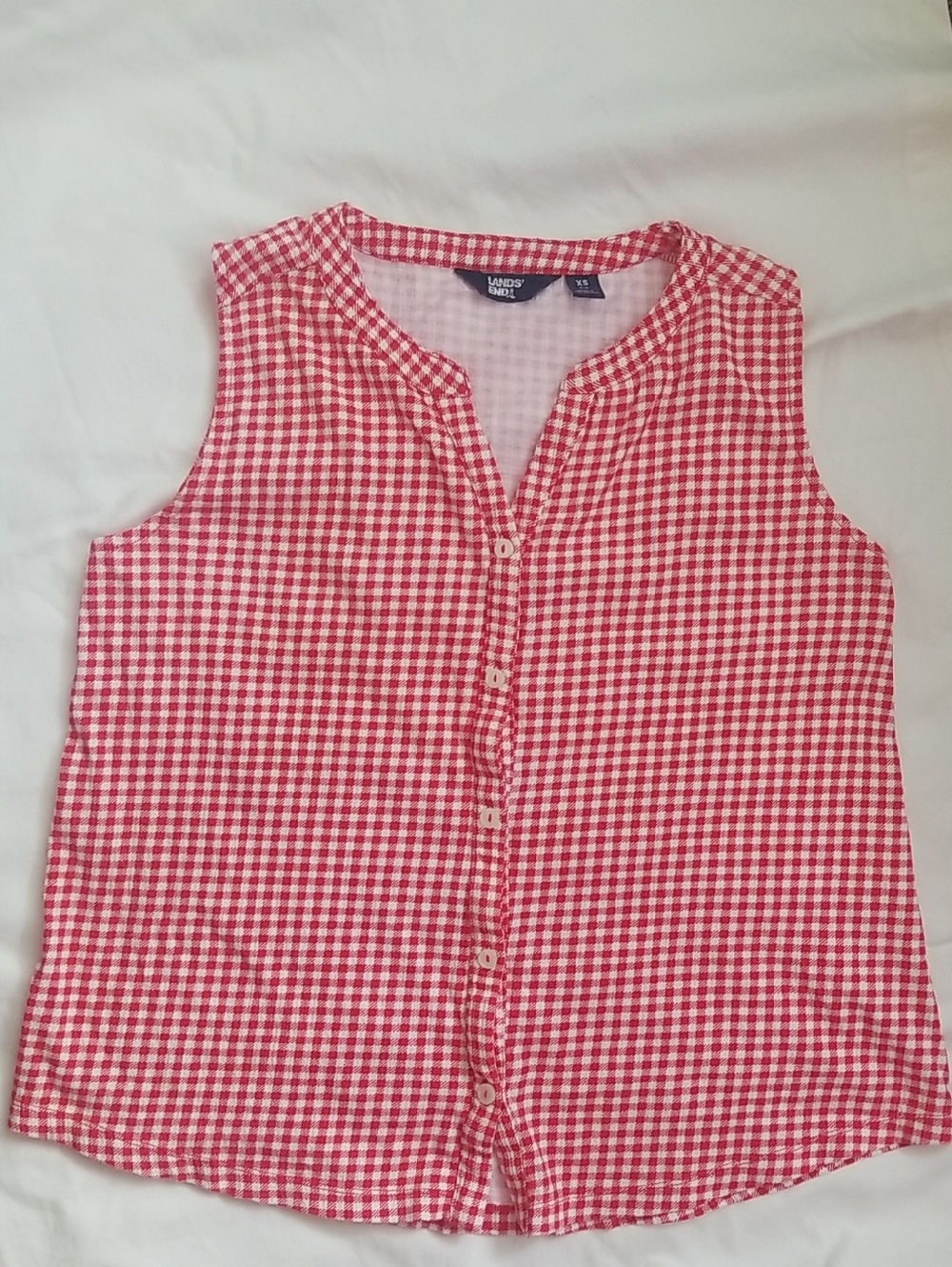 Lands' End Red and White Gingham Sleeveless Button-Front Top